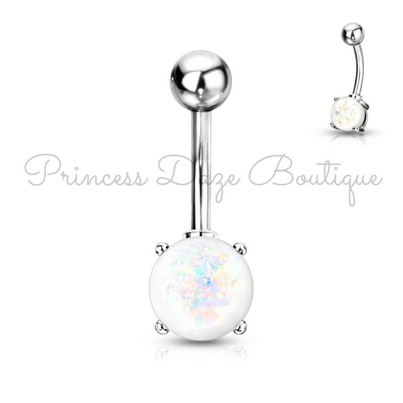 White Opal Silver‎ Prong Belly Button Ring - Picture 1 of 3